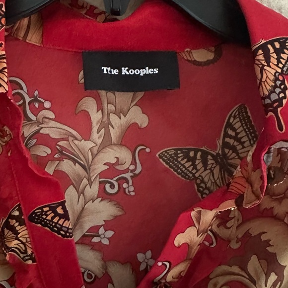 SOLD 100% Silk The Kooples Butterfly and Ruffled leaf Silk Button Up Sheer Red B - Picture 4 of 4